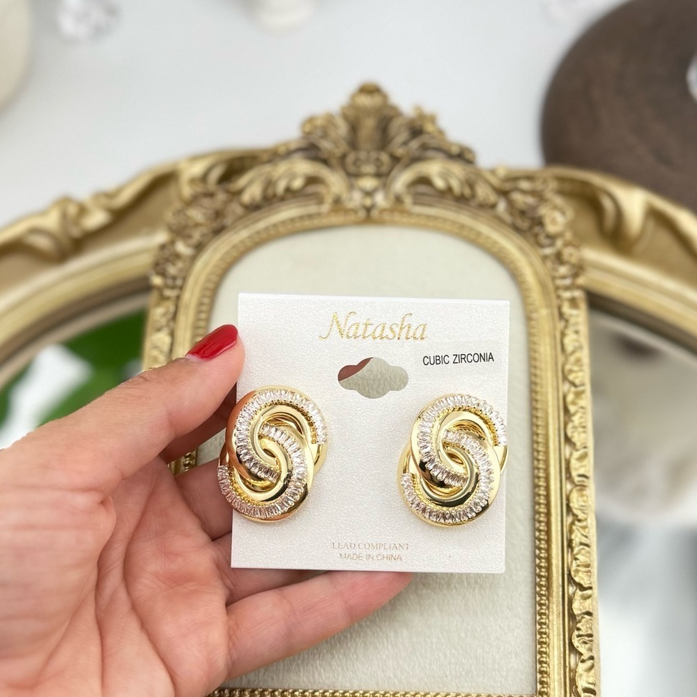 Natasha Gold-Tone Knot Earrings with Cubic Zirconia – Bold Statement Studs - Picture 7 of 13